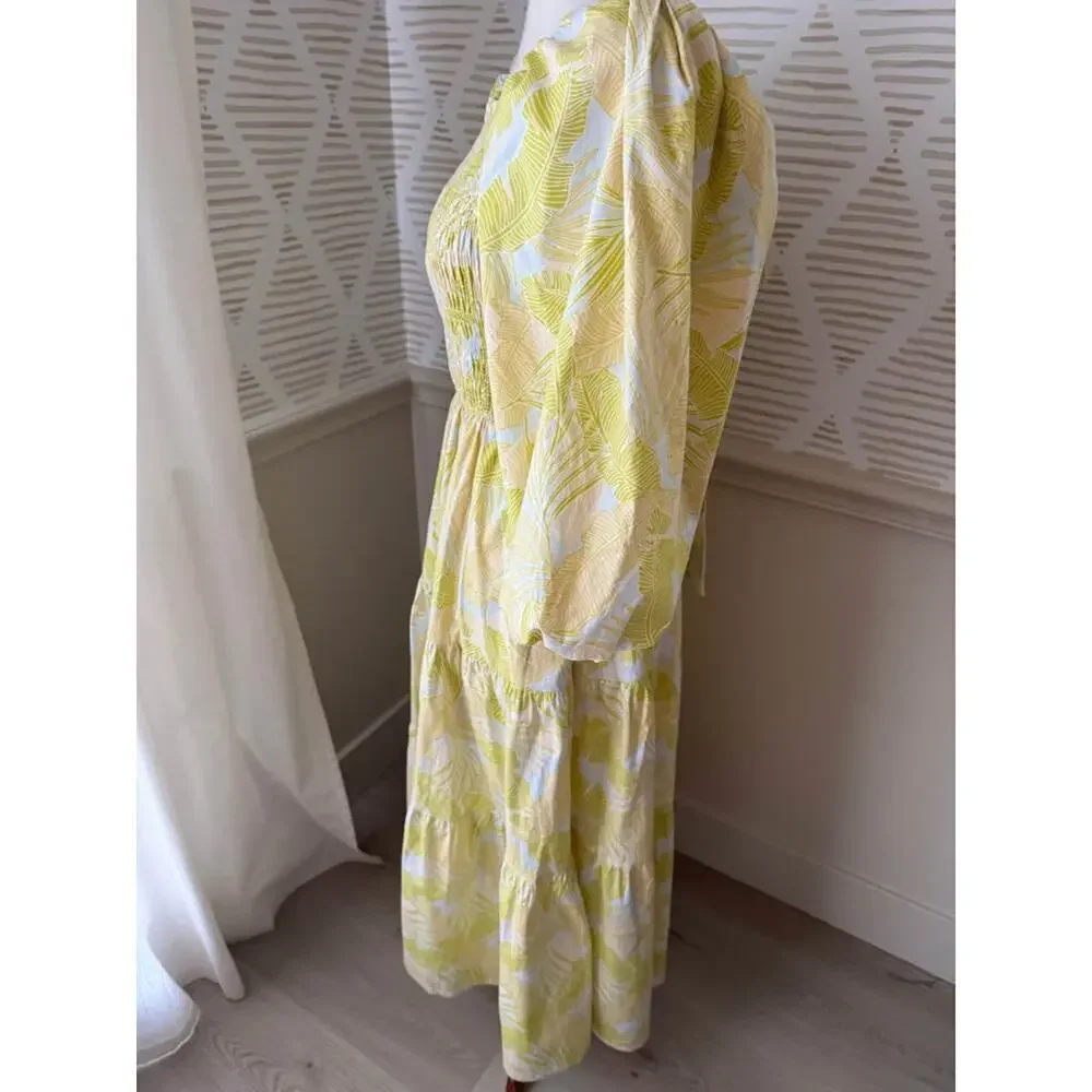 Karlie Women’s Large Tropical Leaf Poplin Smock Puff Sleeve Maxi Dress
